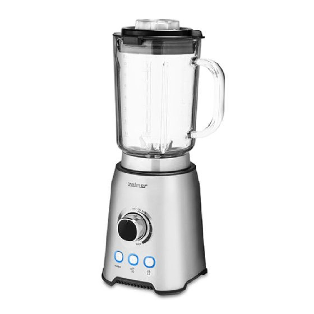 Srebrny blender ze szklanym dzbankiem i czarną pokrywką.