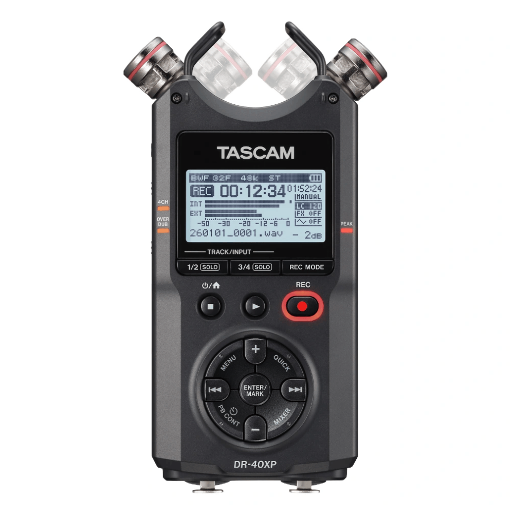 Czarny przenośny rejestrator Tascam DR-40XP z mikrofonami i ekranem LCD.
