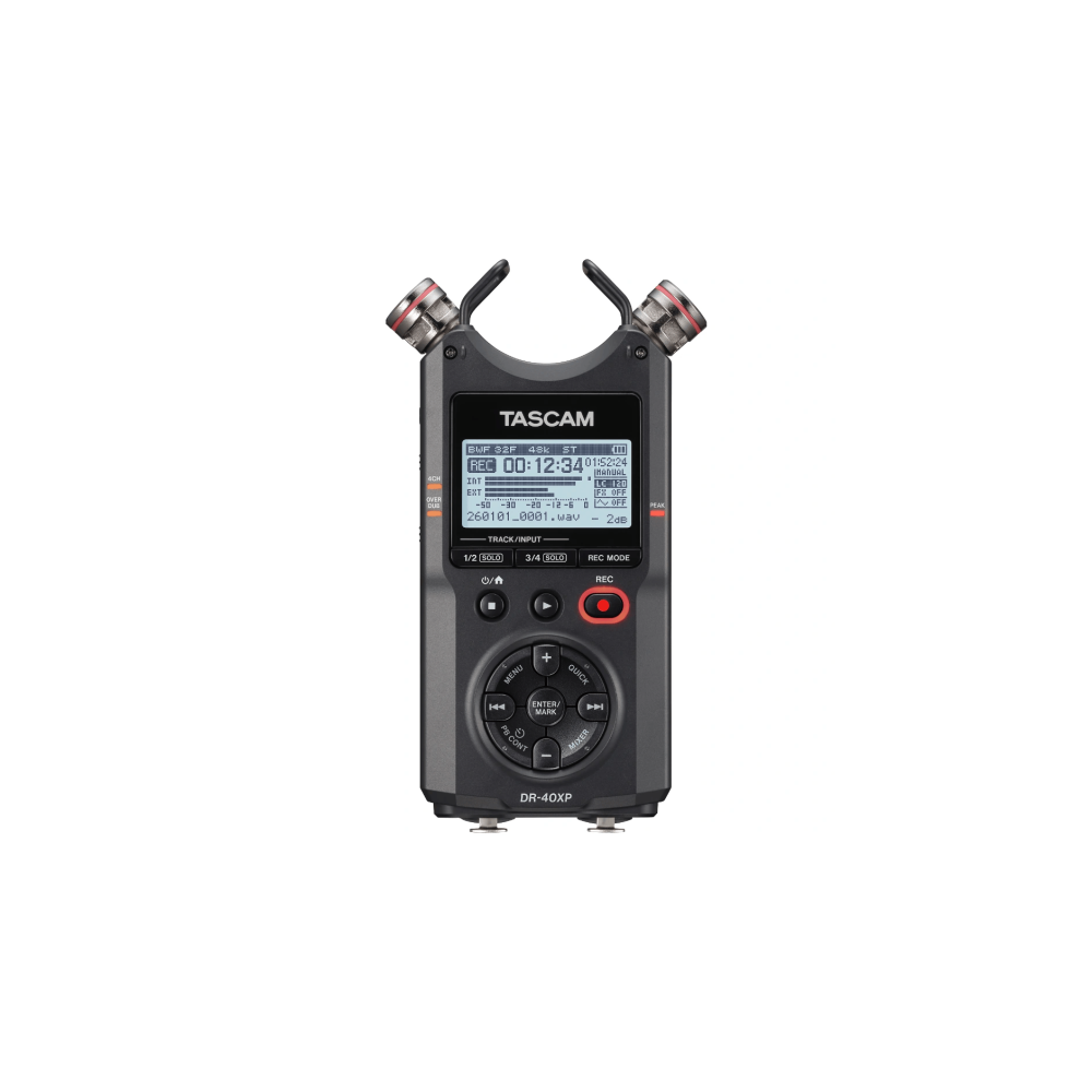 Szare urządzenie audio TASCAM DR-40XP z mikrofonami i ekranem.