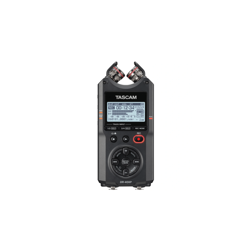 Przenośny rejestrator audio Tascam DR-40XP z mikrofonami i wyświetlaczem.
