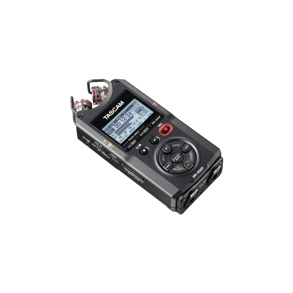 Czarny przenośny rejestrator Tascam DR-40XP z ekranem i przyciskami.
