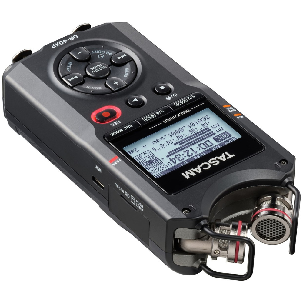Czarny przenośny rejestrator Tascam DR-40XP z mikrofonami i ekranem LCD.