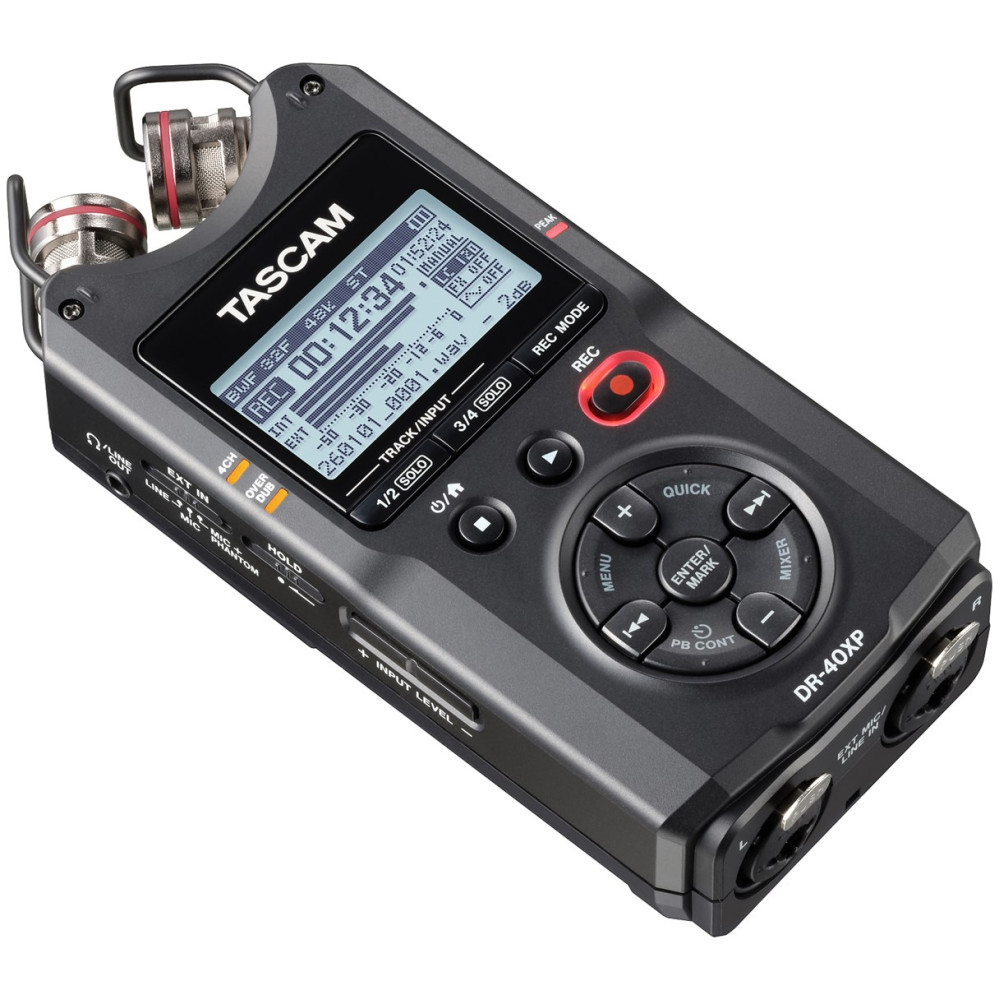 Czarny przenośny rejestrator cyfrowy TASCAM DR-40XP z wejściami XLR i ekranem.