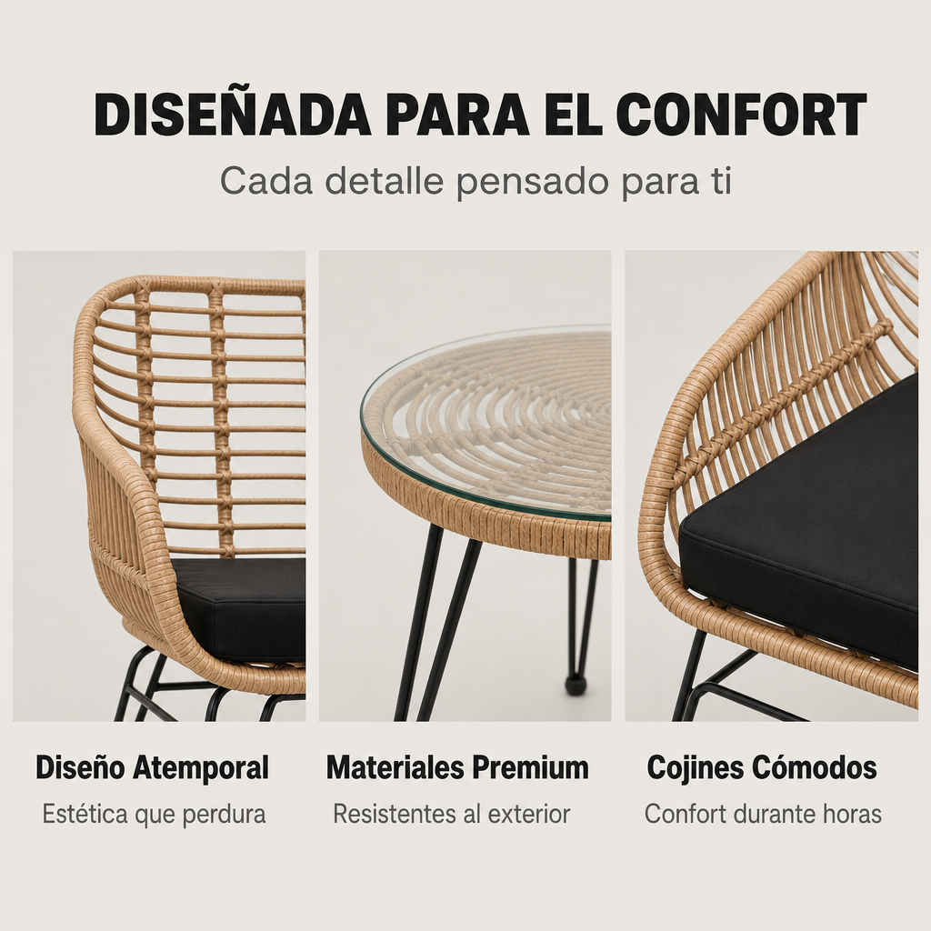 Silla de ratán con cojín negro y mesa auxiliar de cristal con patas metálicas.