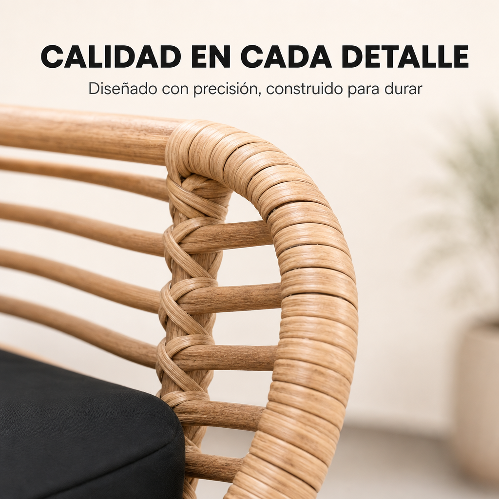 Primer plano del respaldo de una silla de ratán con cojín negro. Luz brillante.