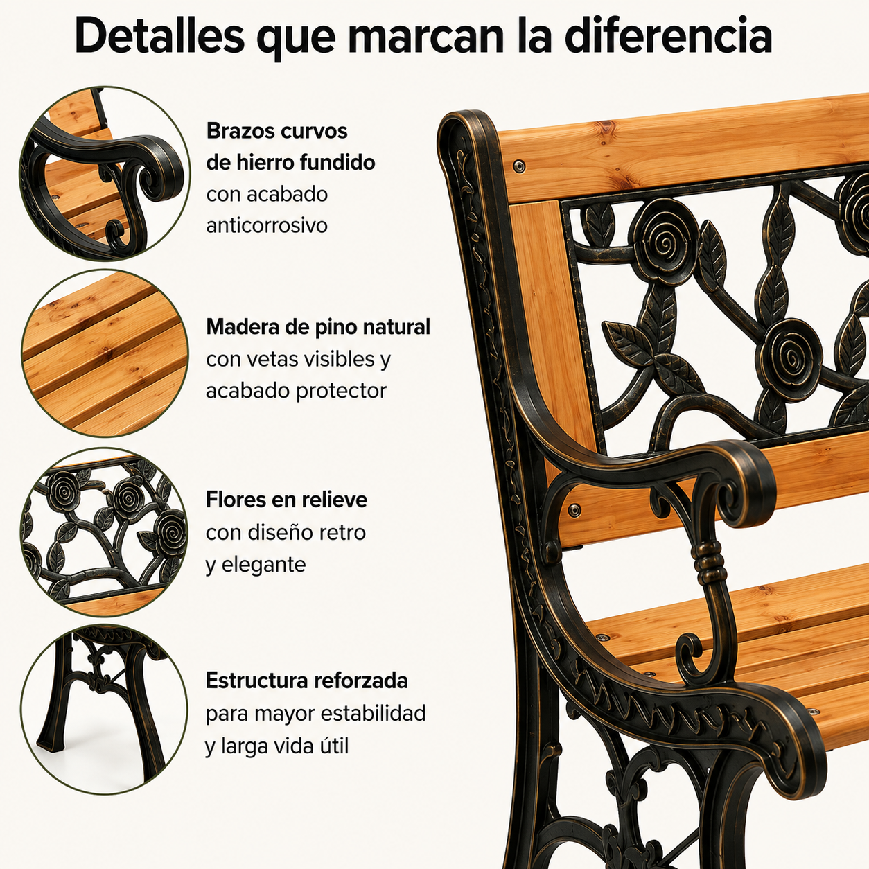 Banco de jardín con asientos de madera y detalles ornamentales negros y dorados.