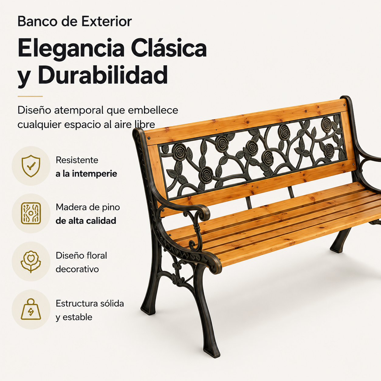 Banco de madera con marco de metal ornamentado y diseño floral, sobre fondo blanco.