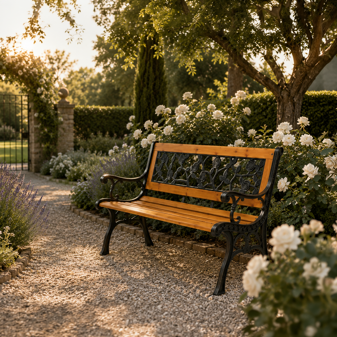 Un banco de madera se asienta en un camino de grava en un jardín con rosas blancas y lavanda.