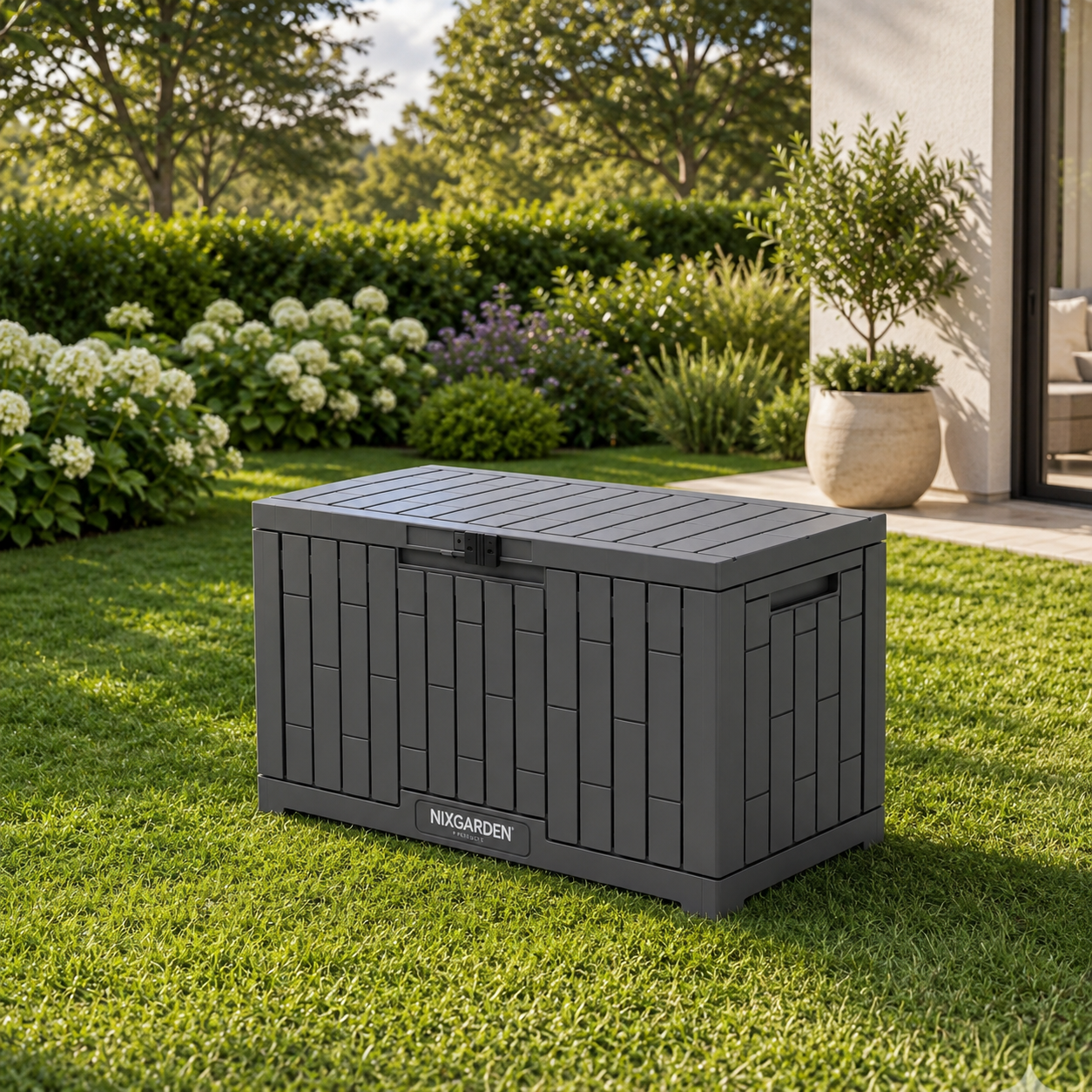 Caja de jardín gris oscuro sobre césped con arbustos y árboles al fondo.