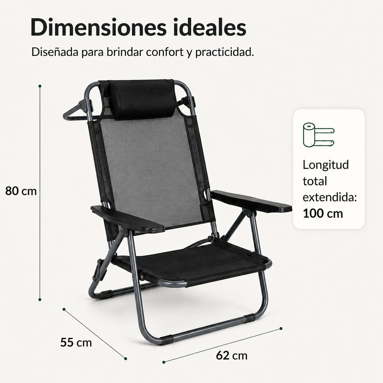 Una silla reclinable negra con marco de metal y reposacabezas. Medidas: 80x55x62 cm.