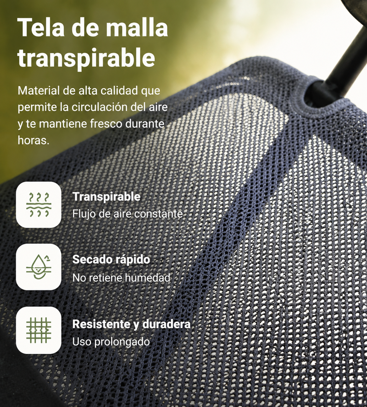 Tejido de malla gris oscuro con tres iconos: flujo de aire, gota, rejilla.