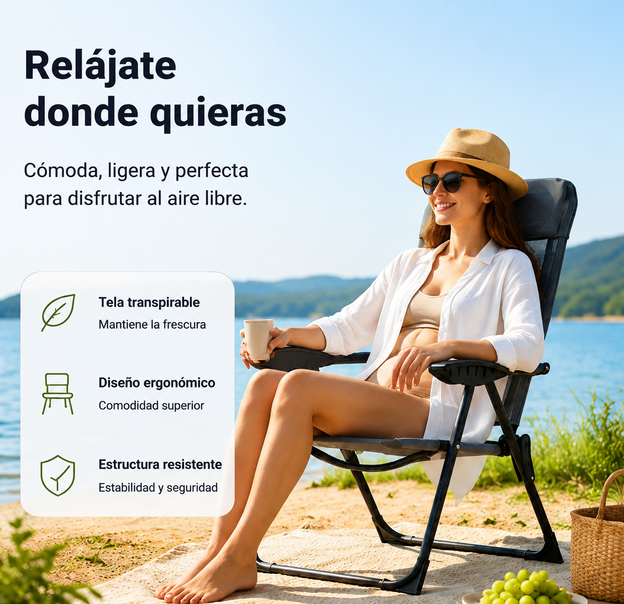 Mujer relajándose en una silla junto a un lago, con texto sobre comodidad y diseño.