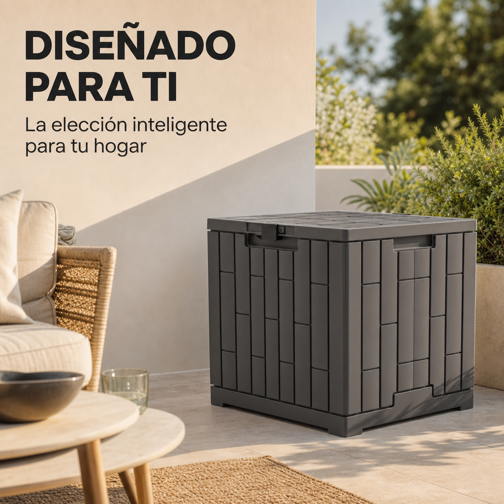 Un baúl oscuro está en un patio junto a un sofá y una mesa.