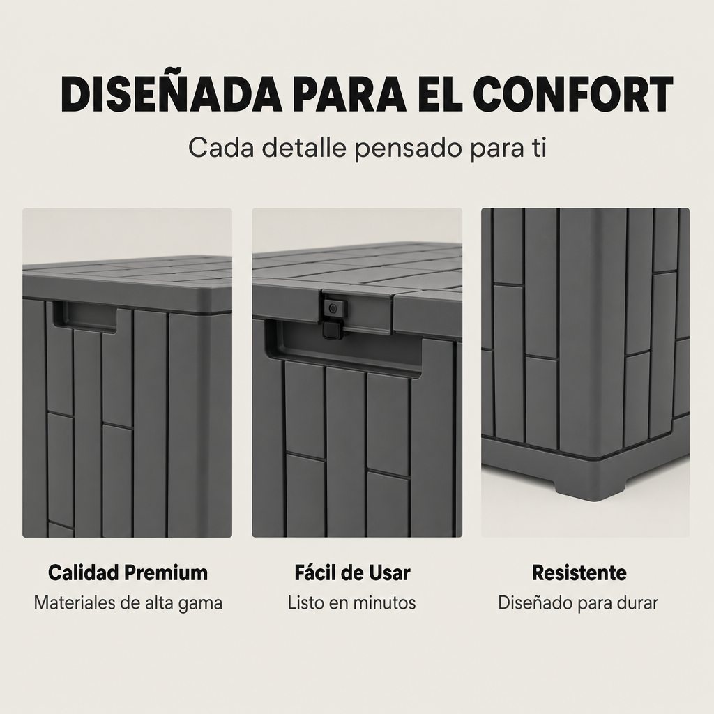 Arcón de almacenamiento gris que muestra detalles de calidad premium, fácil uso y durabilidad.