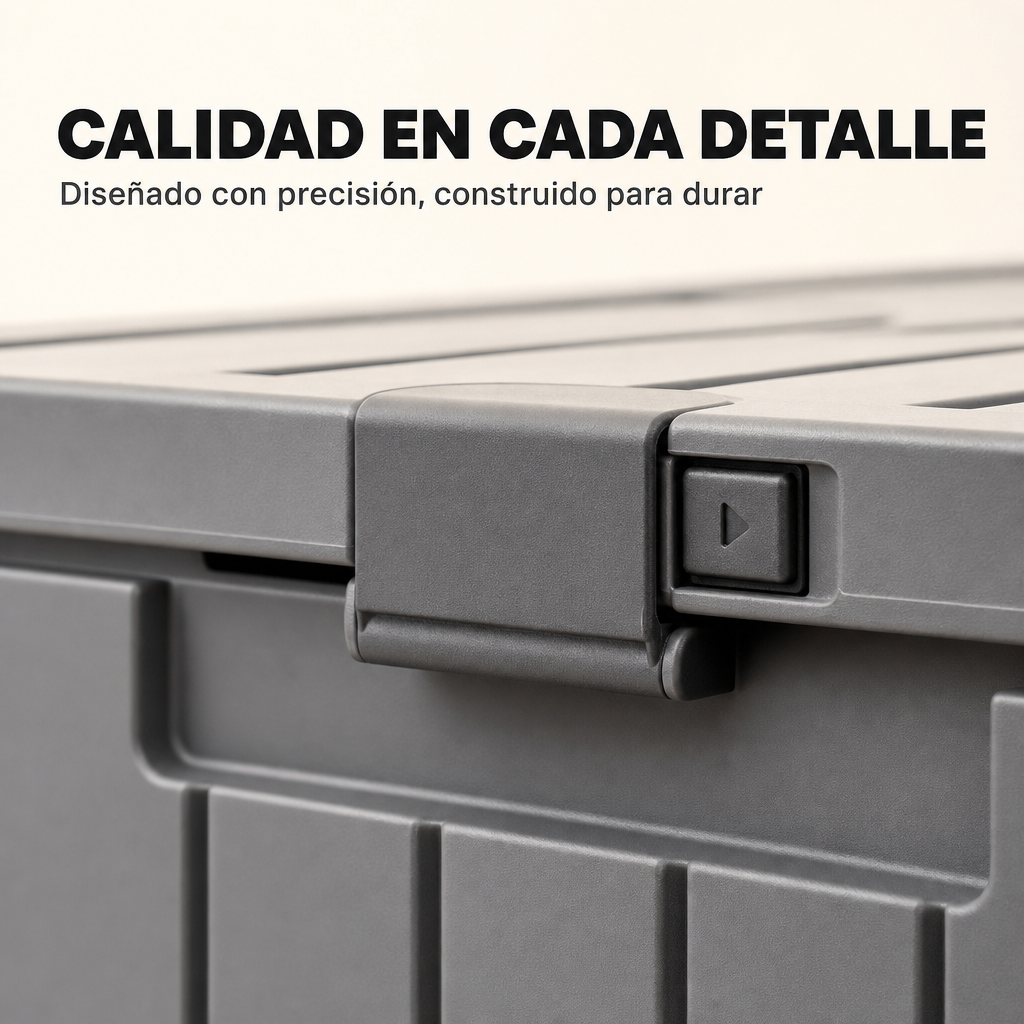 Contenedor de plástico gris con cierre de hebilla y símbolo de reproducción.