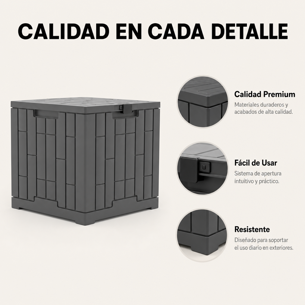 Una caja de almacenamiento gris se muestra con primeros planos de su parte superior, pestillo y base.