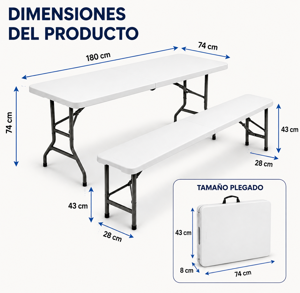Juego de mesa y banco plegables blancos con medidas.