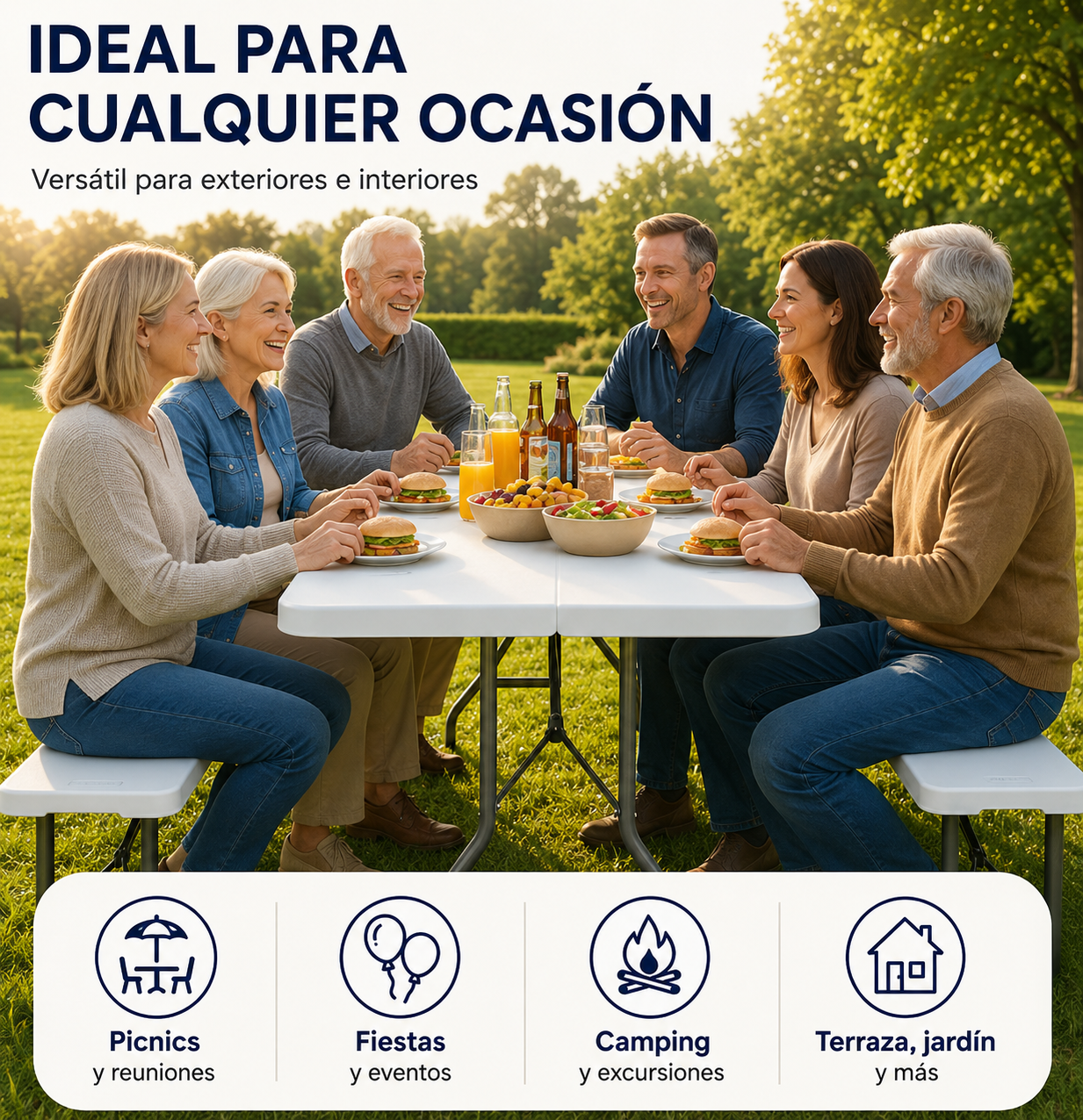 Seis personas sentadas a una mesa exterior comiendo hamburguesas. Iconos de picnic, fiestas, camping y terraza.