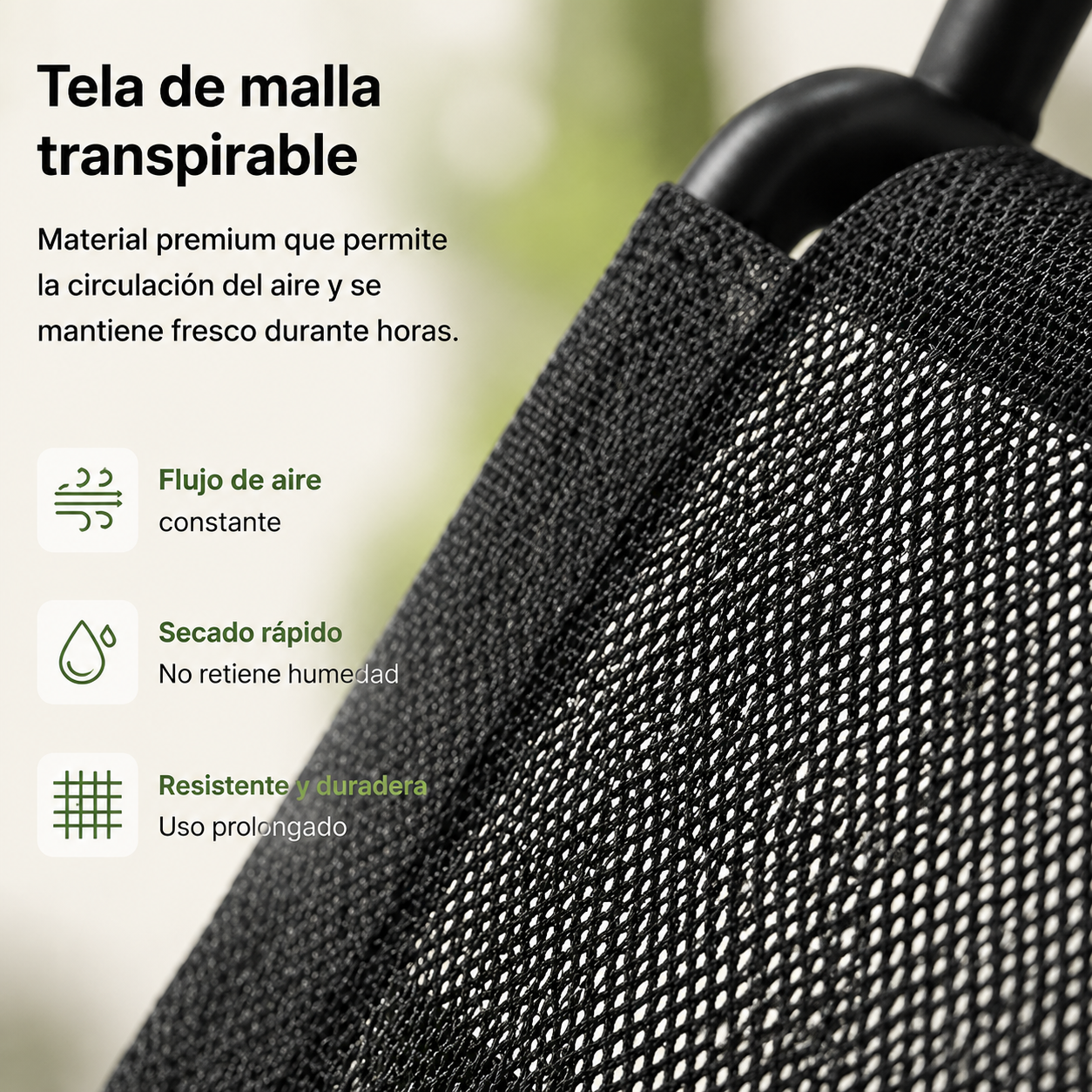 Tela de malla negra con texto destacando circulación de aire, secado rápido y durabilidad.