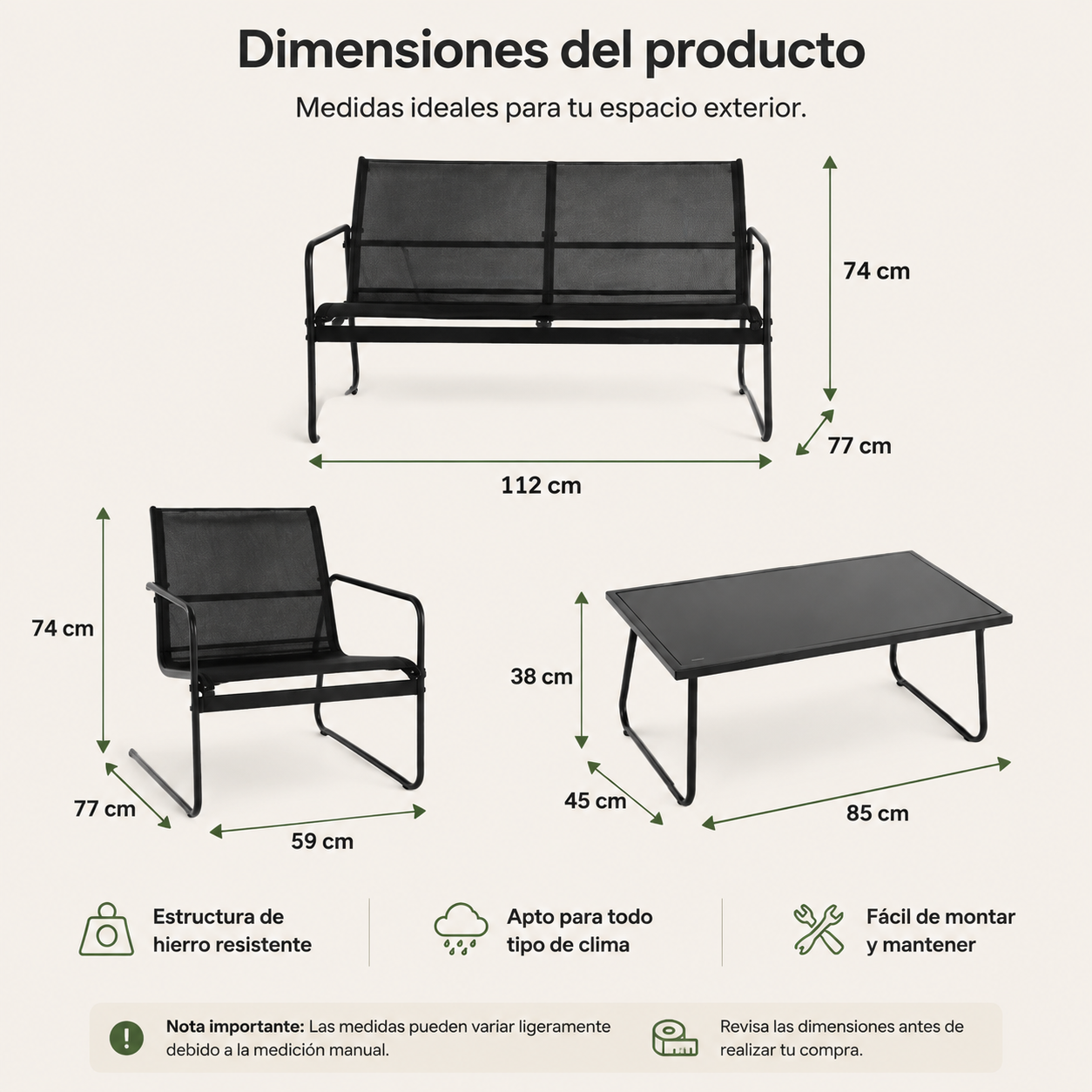 Conjunto de muebles exterior: banco (112x77x74cm), sillón (59x77x74cm), mesa (85x45x38cm).
