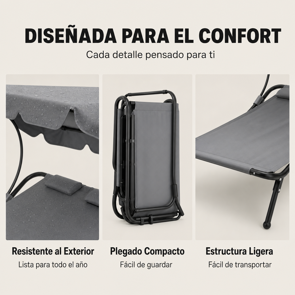 Tumbona gris de exterior, plegada y ligera, con dosel.