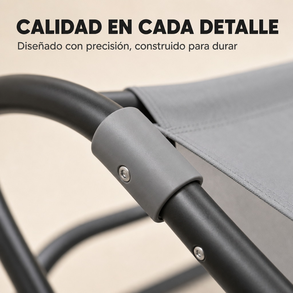 La tela gris se une a un tubo de metal negro sujeto por un conector de plástico gris.