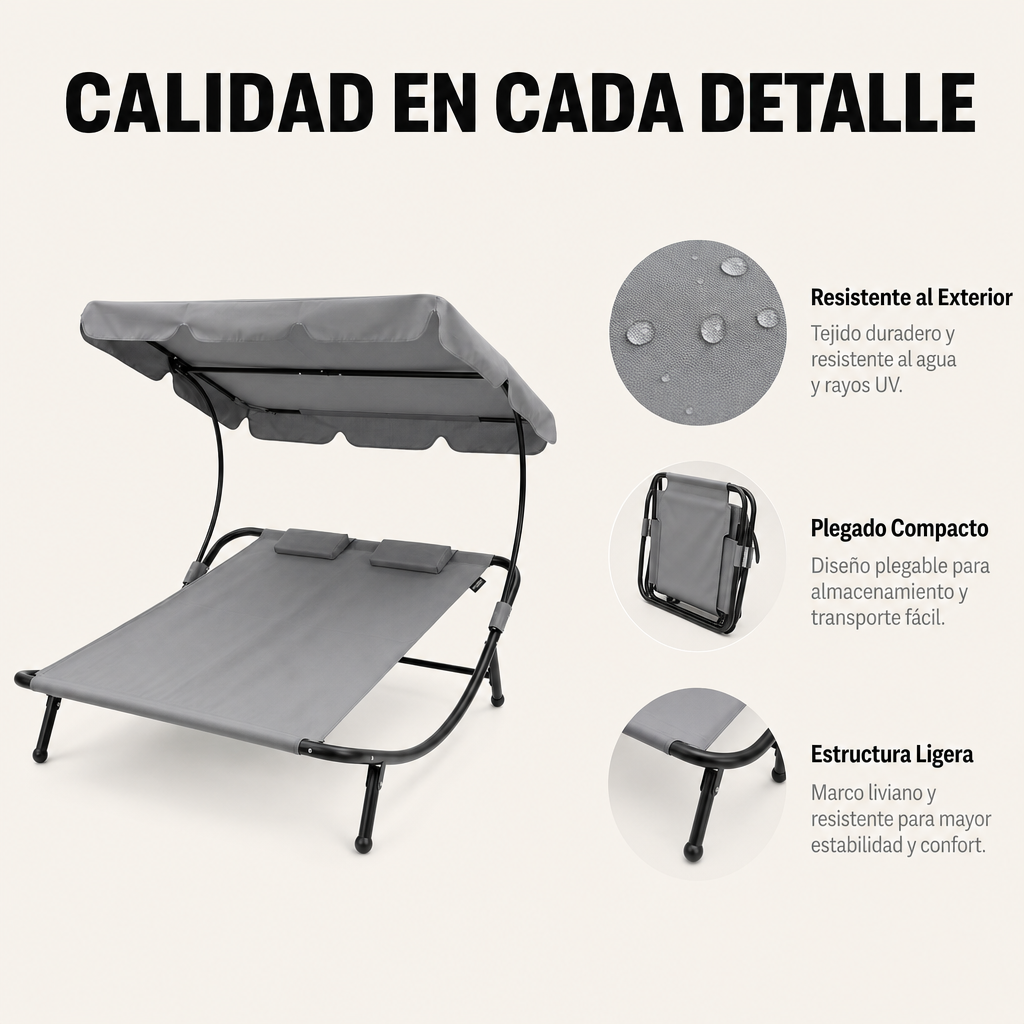 Tumbona doble gris con dosel y cojines, estructura plegable.