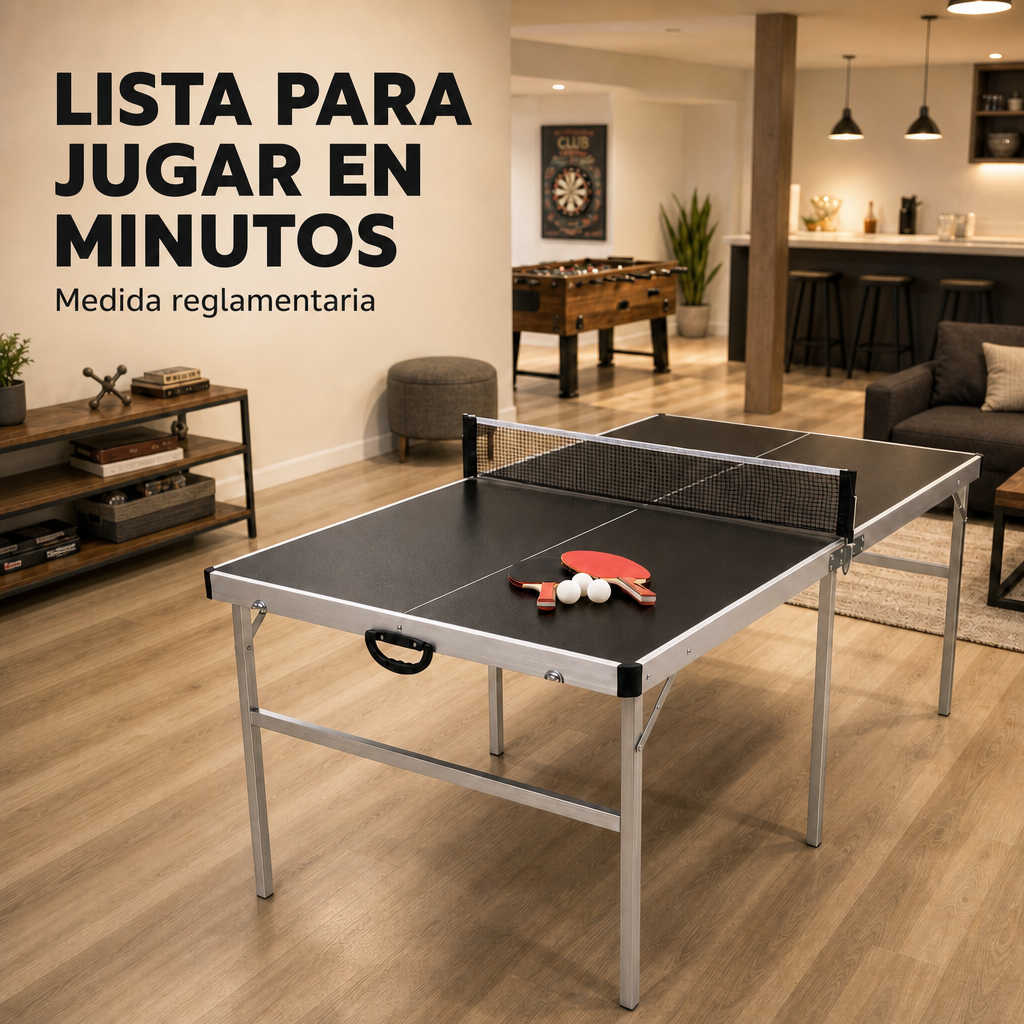 Una mesa de ping pong con palas y pelotas en primer plano.