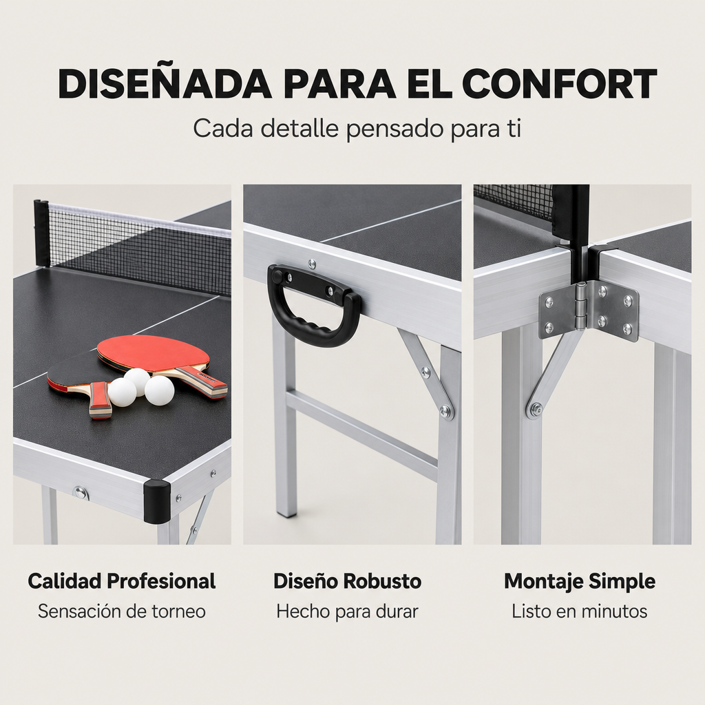 Una mesa de ping pong plegable con red, paleta y pelotas mostrada en detalle.