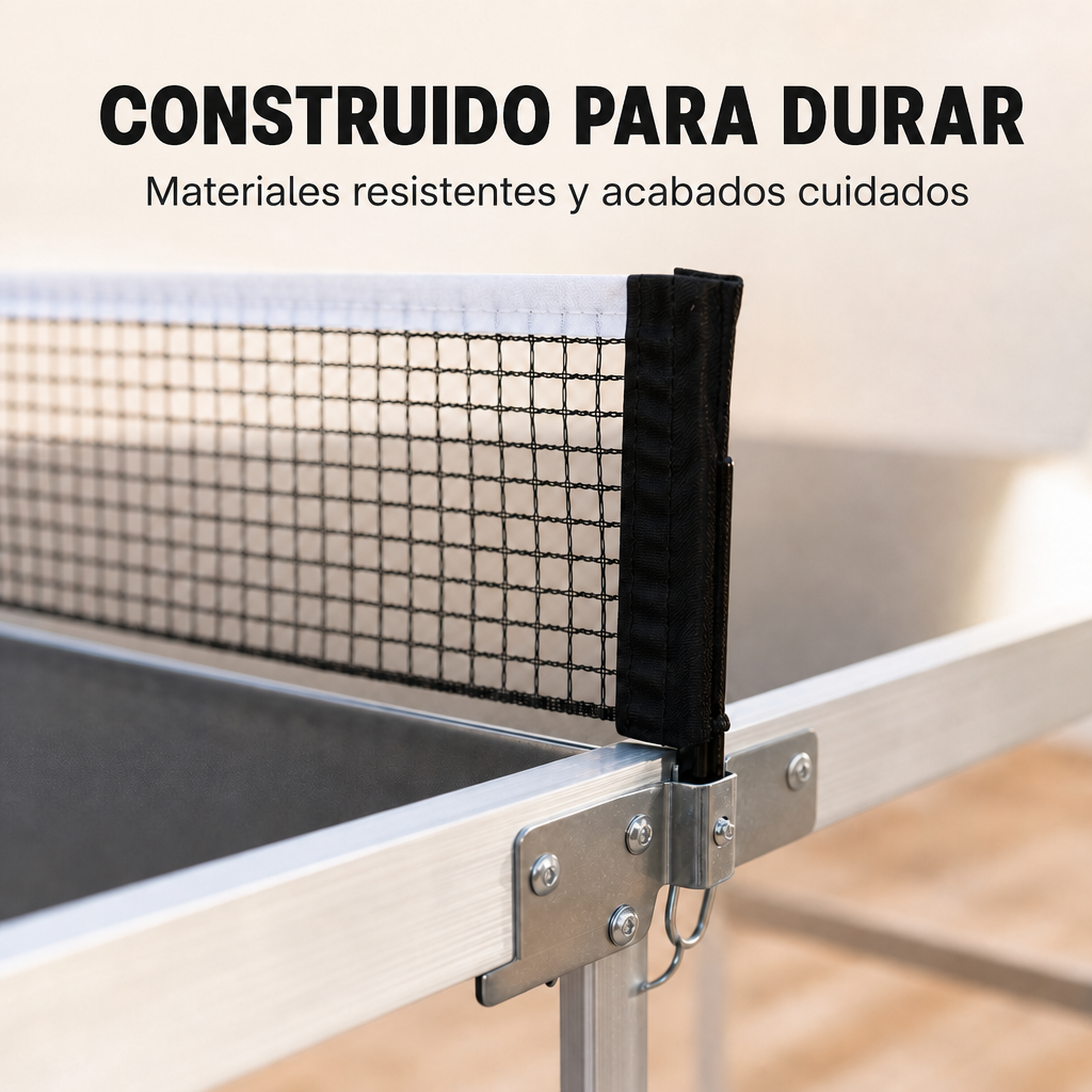 Primer plano de una red de tenis de mesa con marco de metal y tornillos.