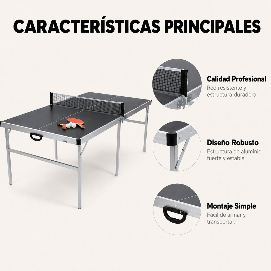 Una mesa de ping pong negra con palas y pelotas, con características destacadas.
