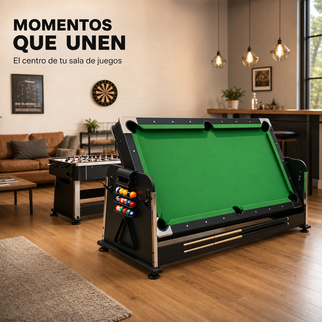 Una mesa de billar con fieltro verde y bolas de colores se encuentra en una sala de juegos.