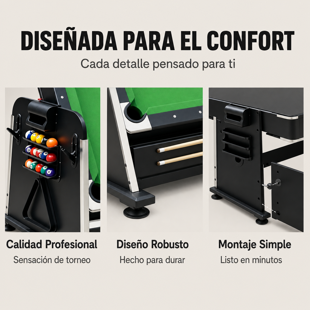 Una mesa de billar con accesorios, portabolas y tacos.