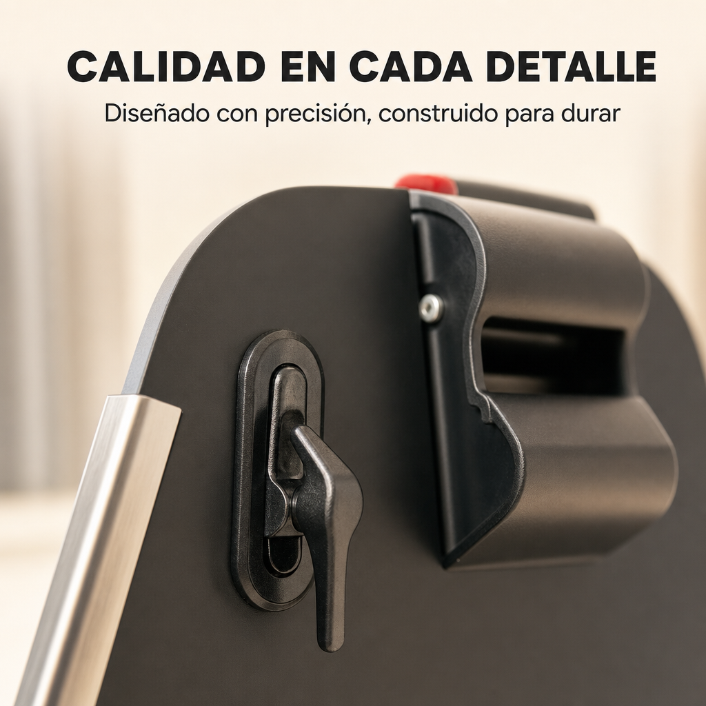 Primer plano de un mecanismo de pestillo negro con mango plateado en superficie gris oscuro.