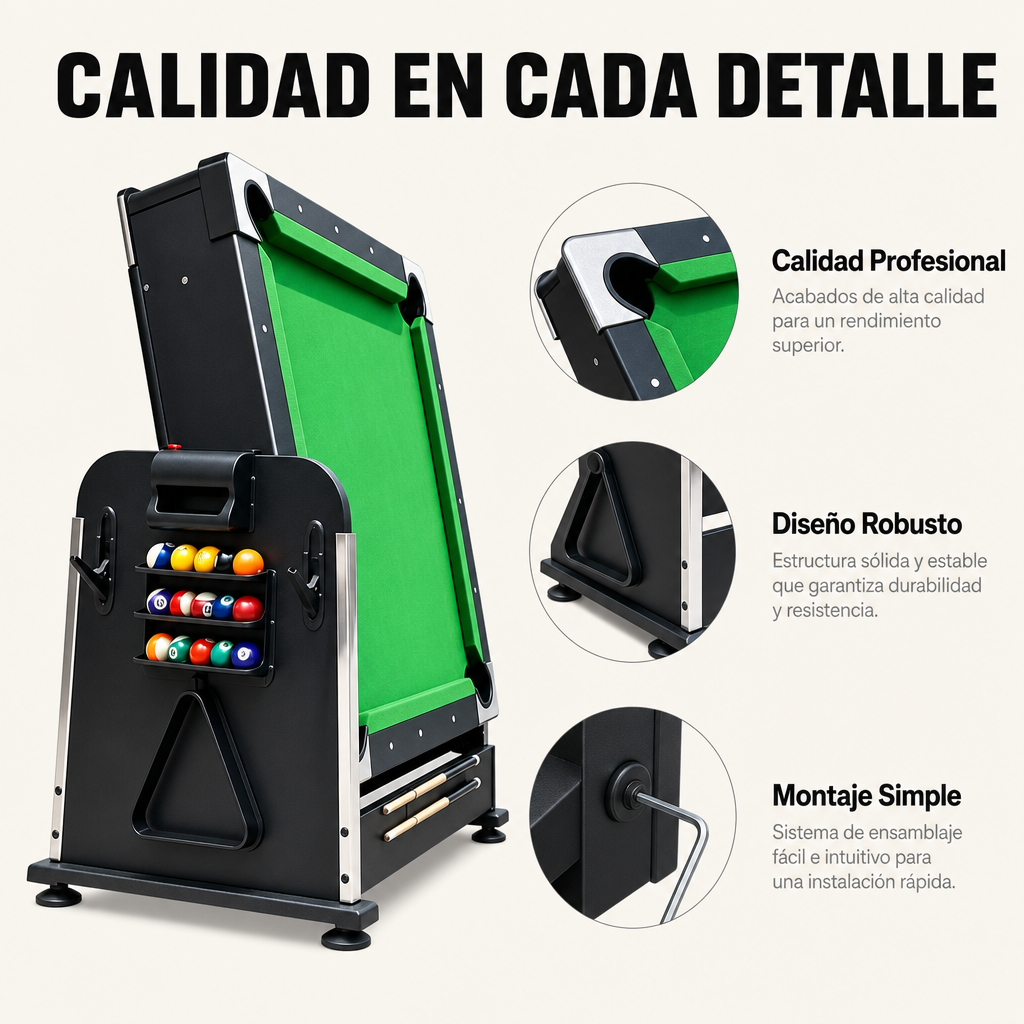 Una mesa de billar plegable con superficie de fieltro verde y almacenamiento de bolas.