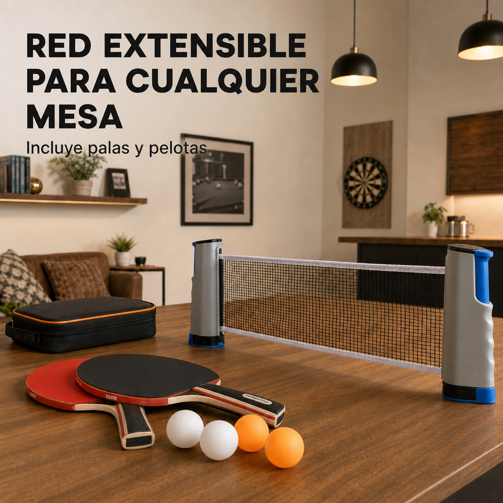 Un juego de red de tenis de mesa extensible con dos paletas y tres pelotas.