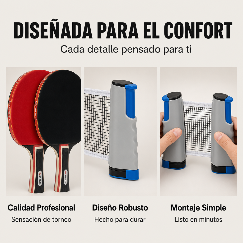 Palas de ping-pong, red y soportes con detalles azules. Calidad profesional.