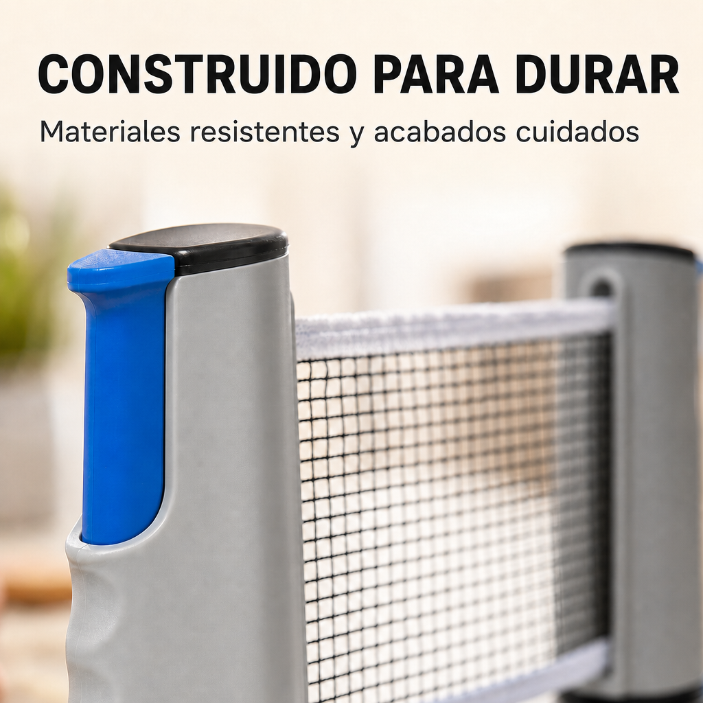 Red de ping pong gris con mango azul. Texto: Construido para durar.
