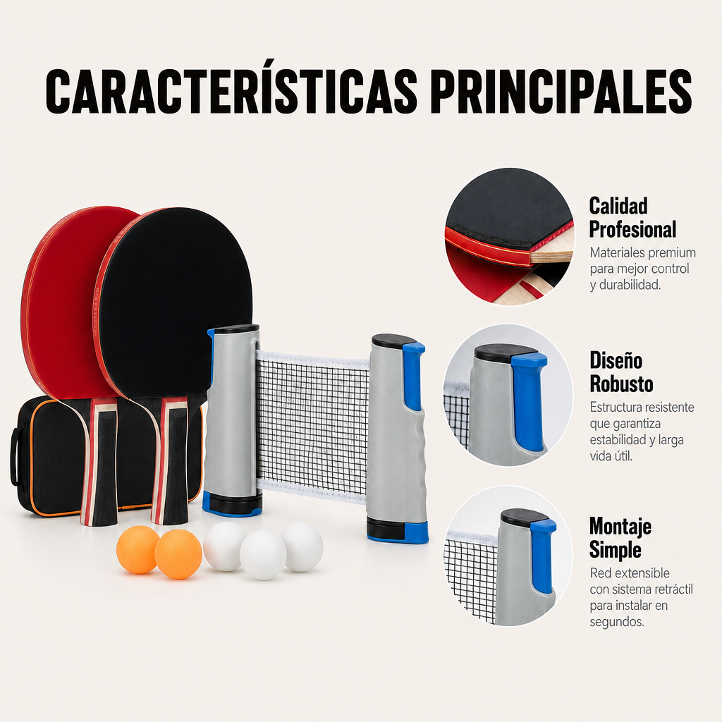 Set de ping pong con paletas, pelotas y red. Muestra características principales.