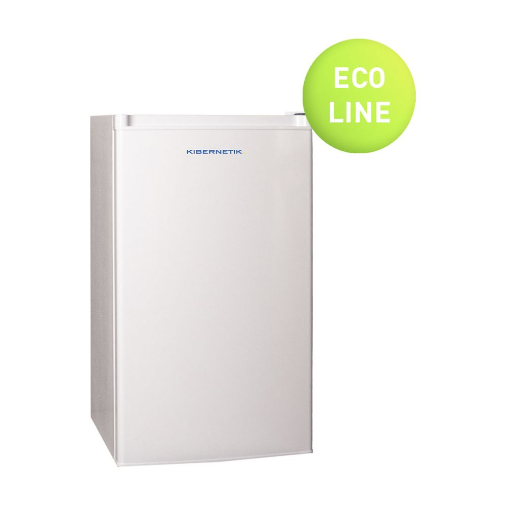 Un frigorifero bianco con logo "KIBERNETIK" e adesivo "ECO LINE".