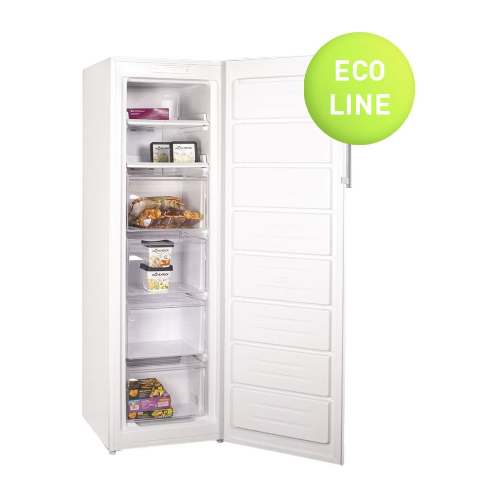 Un congelatore verticale bianco con la porta aperta, pieno di cibo.