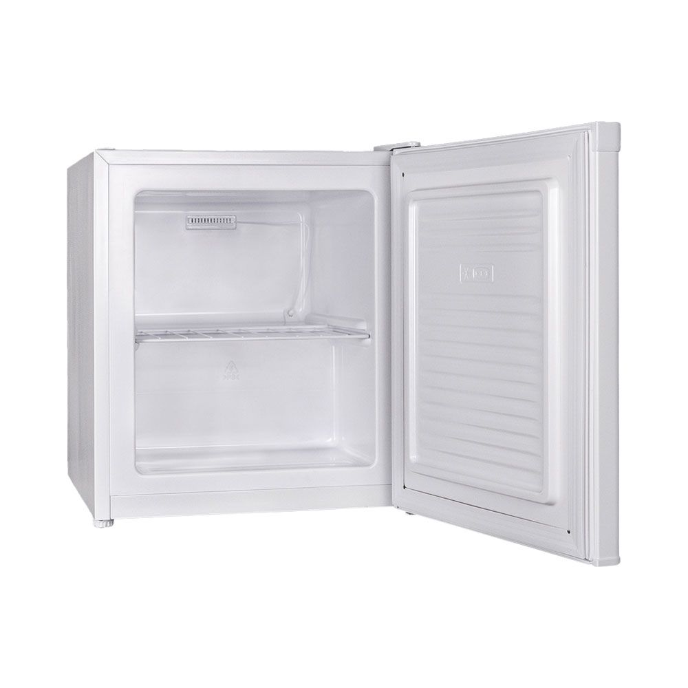 Un mini-frigo bianco con la porta aperta, che mostra un ripiano.