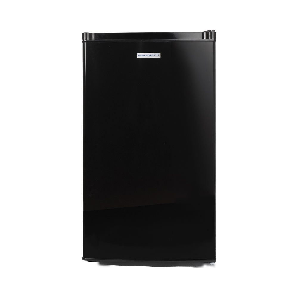 Un elegante frigorifero nero con il nome del marchio KIBERNETIK sulla porta superiore.