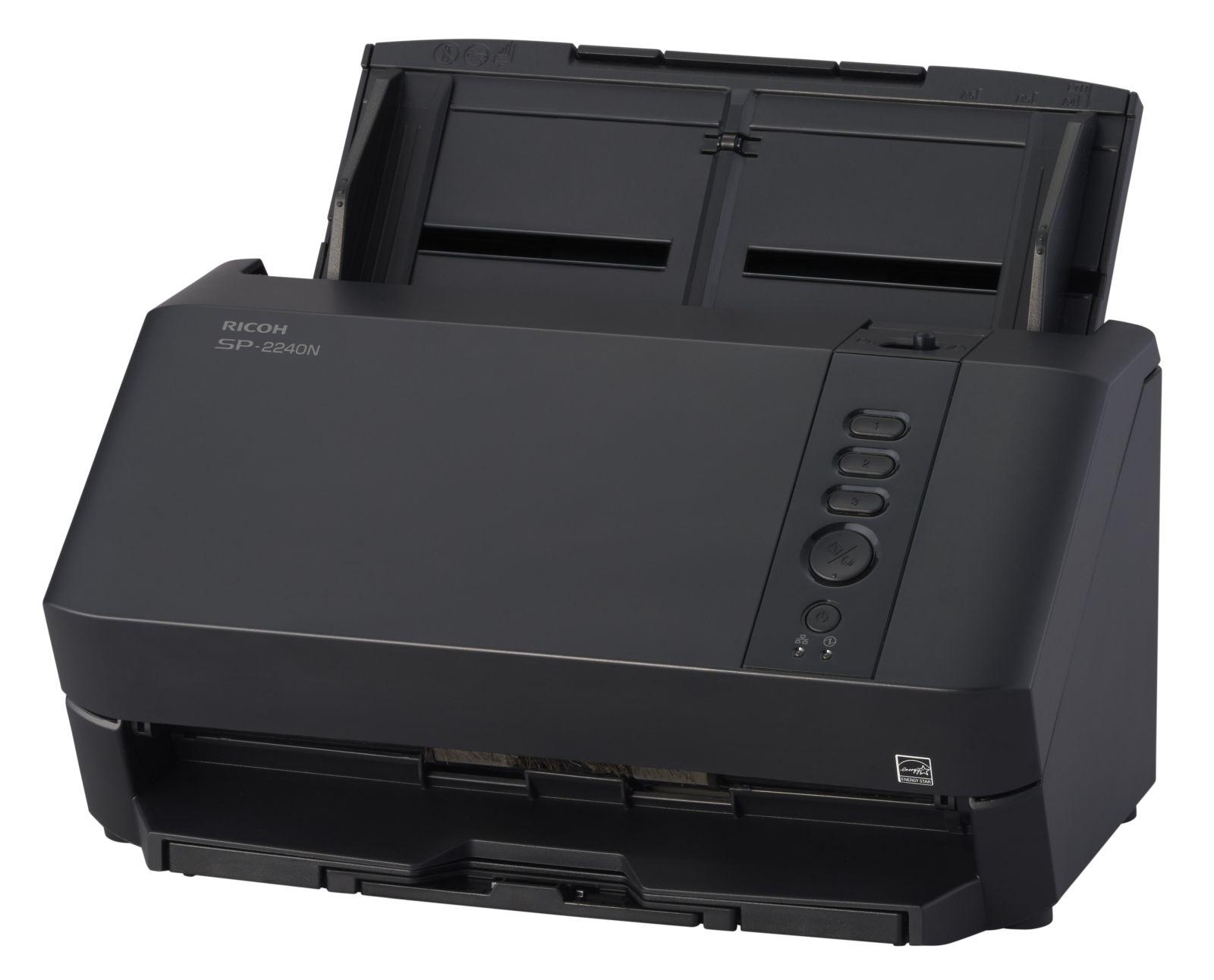 Schwarzer Ricoh SP-2240N Scanner mit offenem oberen Einzugsfach und Bedienfeld.