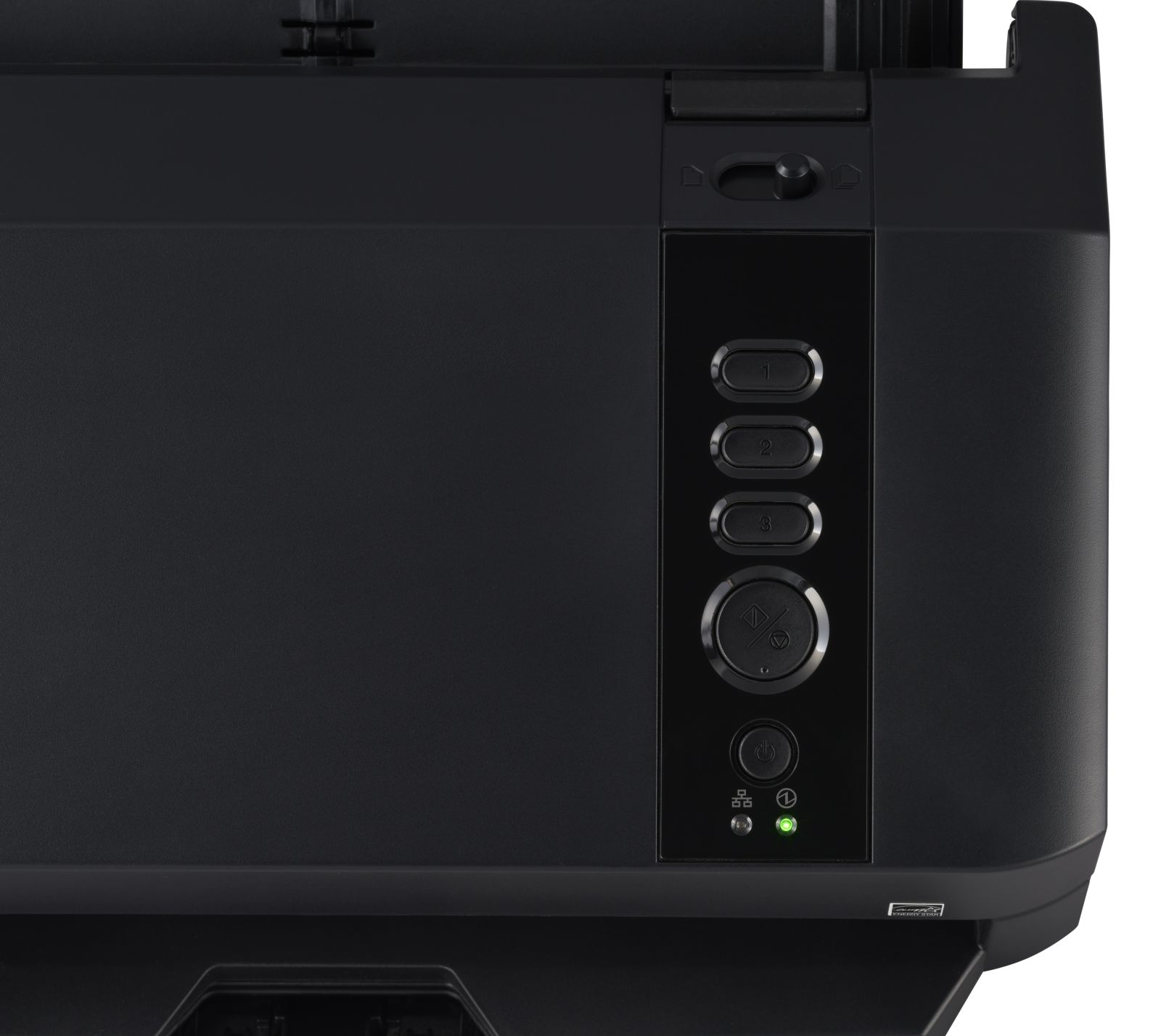 Ein schwarzer Drucker mit Bedienelementen: Tasten 1-3, Stopptaste, Ein-/Aus-Taste und LEDs.