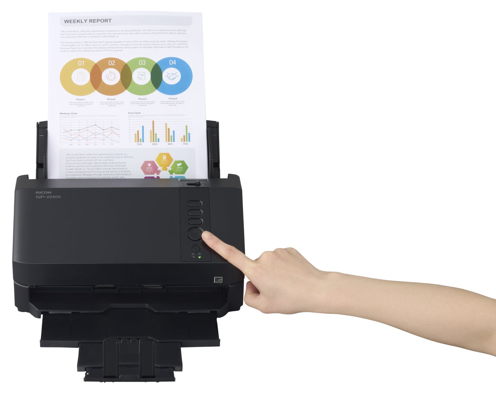 Ein Scanner der Marke Ricoh SP-2240N mit einem Blatt Papier und einer Hand, die einen Knopf drückt.