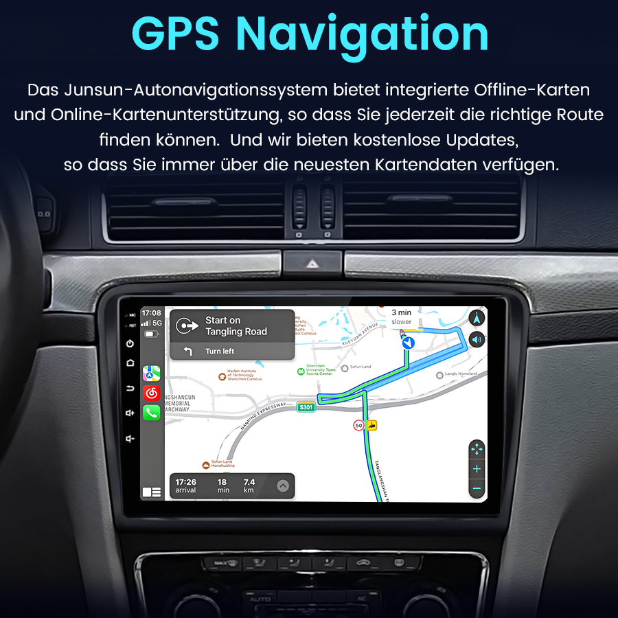 Ein Auto-Navigationssystem zeigt eine Karte mit Routenführung, Ankunftszeit und Entfernung an.