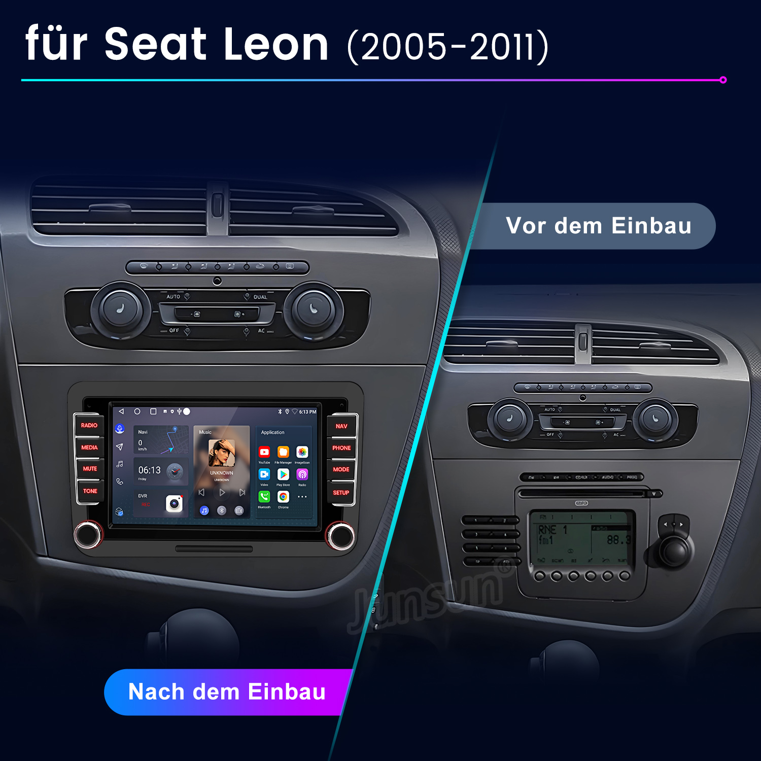 Vorher-Nachher-Vergleich eines Seat Leon Autoradios. Links das neue Display, rechts das alte.