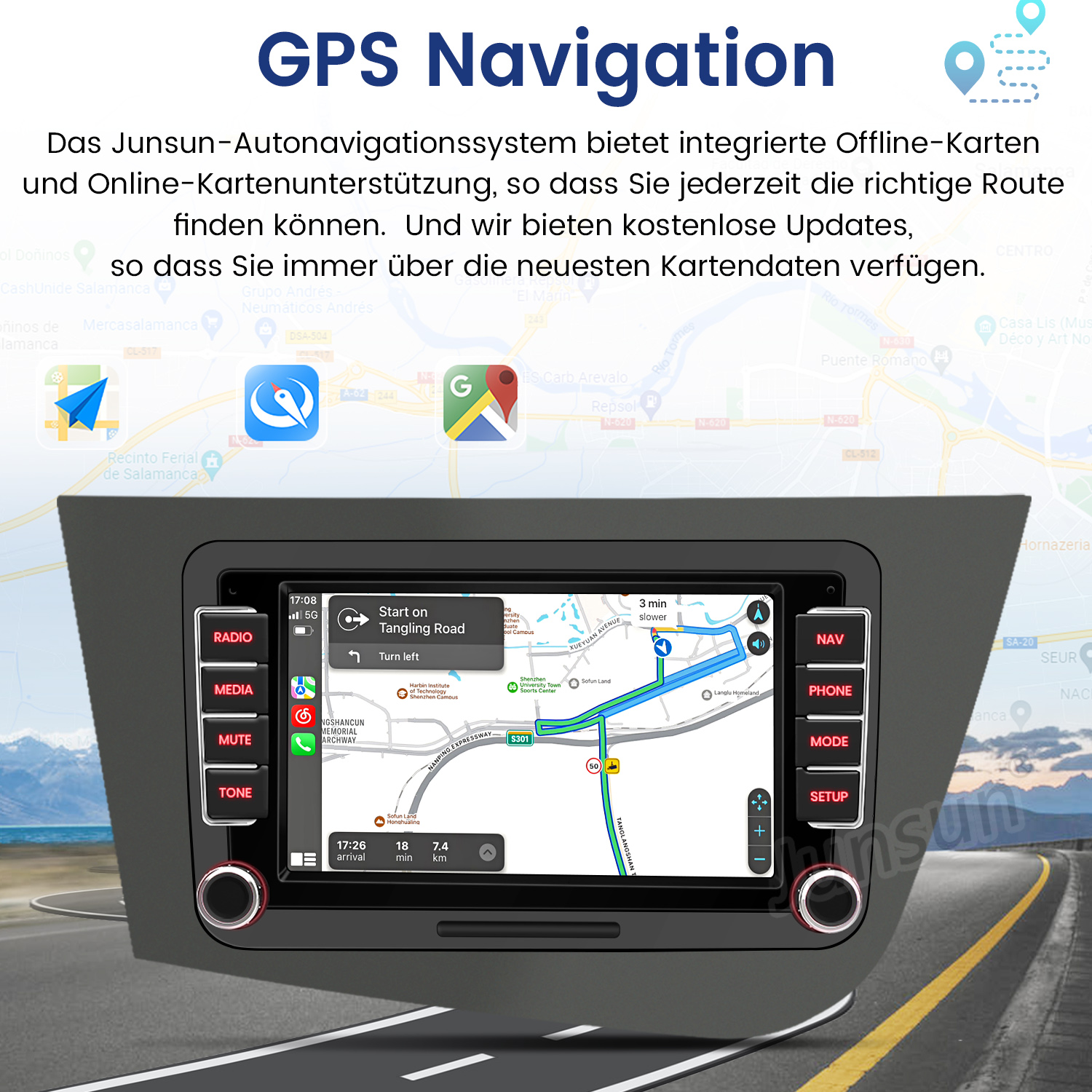 Ein GPS-Navigationssystem auf einem Autoradio-Bildschirm mit Kartenansicht und Fahrtroute.