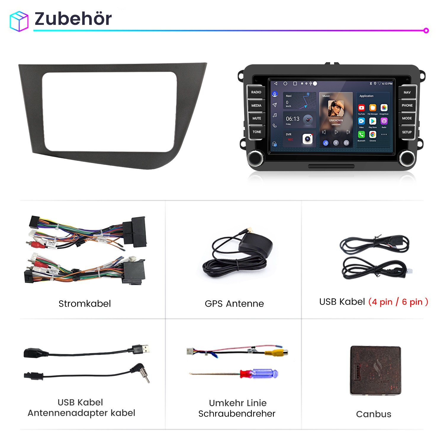 Einbau-Kit für Autoradio mit Zubehör: Blende, Radio, Kabel, Antenne, Schraubendreher, Canbus.